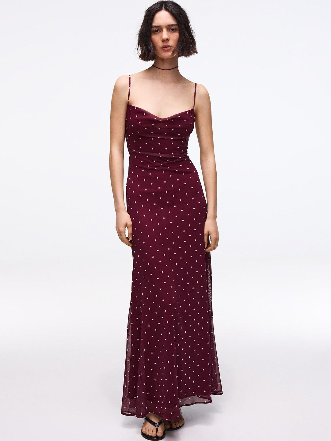 Polka Dot Printed Cowl Neck Maxi Dress
