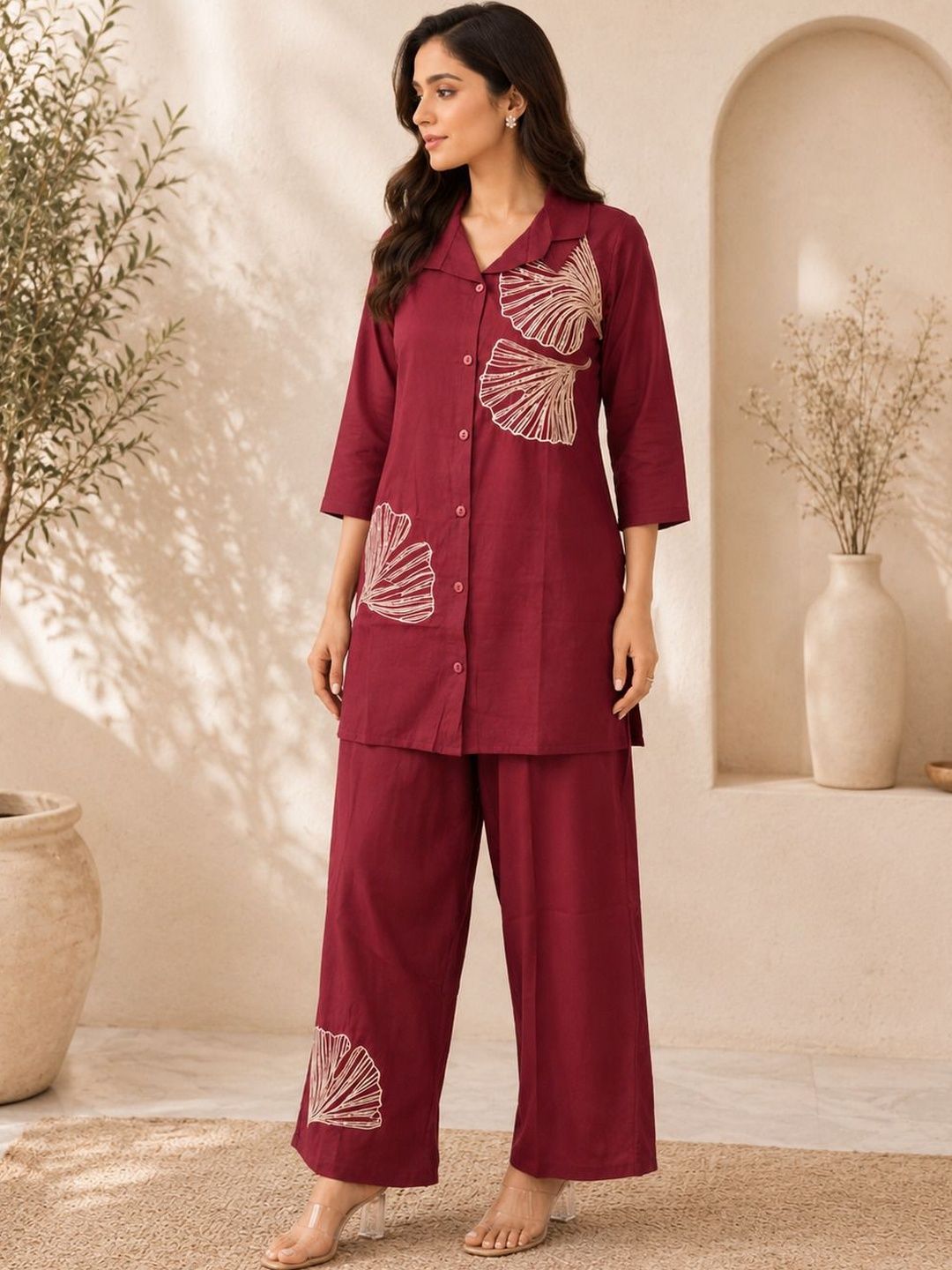 Sangria Embroidered Shirt with Palazzos