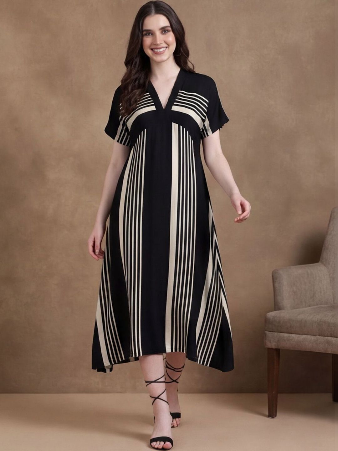BLACK & BLAH BLAH Striped V-Neck A-Line Ethnic Dresses
