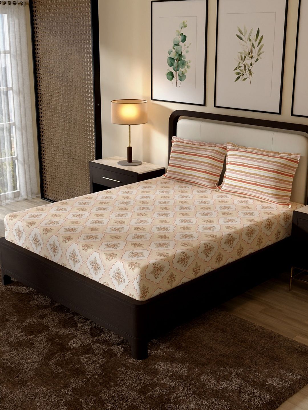 Portico New York Signature Portico New York Signature Cream-Coloured Floral 144 TC Queen Bedsheet with 2 Pillow Covers