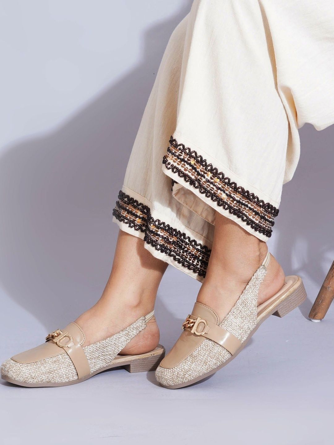 SELFIEE Women Textured Mules with Buckles Flats