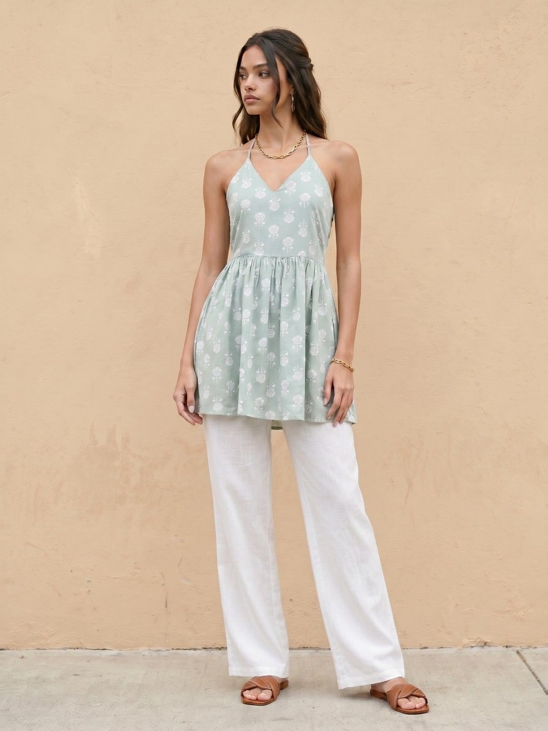 fusion by glitchez Floral Printed Halter Neck Pure Cotton Kurti