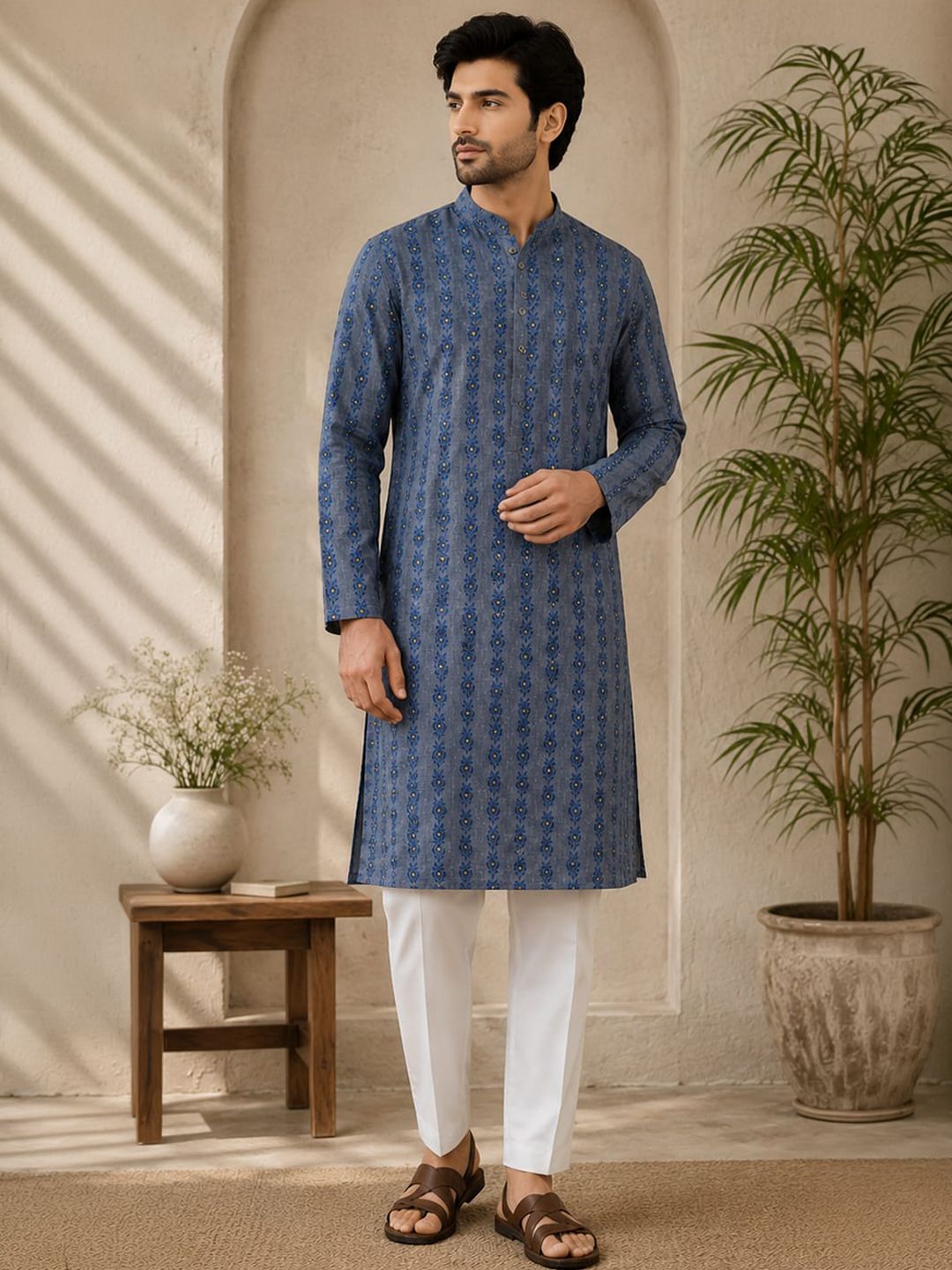 Suramya Virasat Men Ethnic Motifs Printed Indie Prints Chanderi Silk Kurta