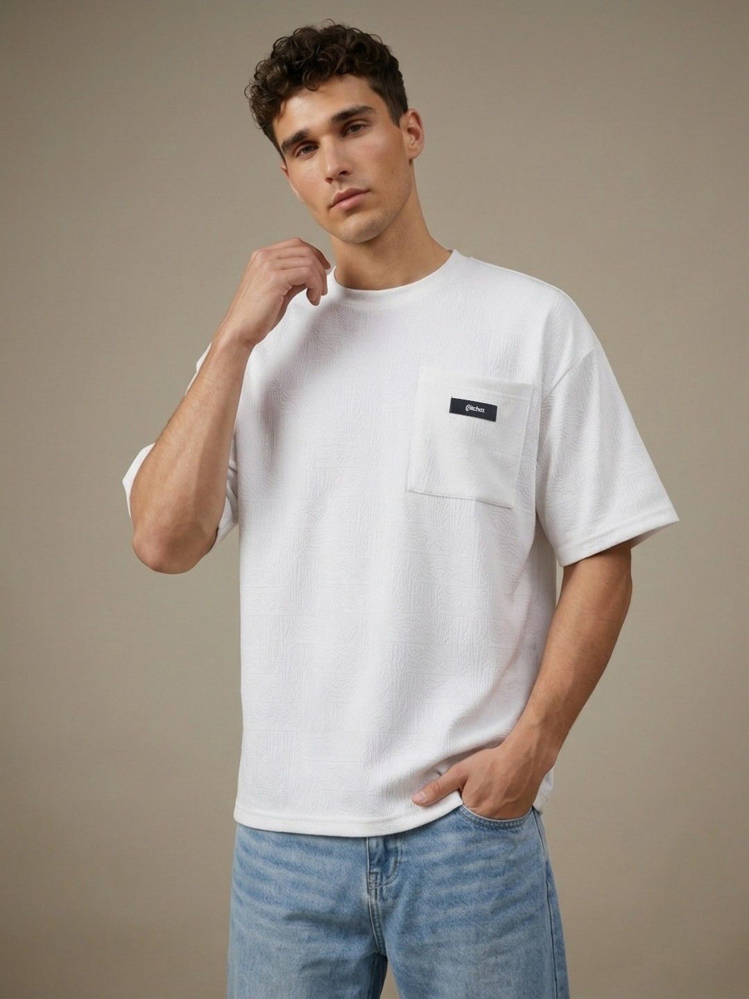 glitchez Textured Drop-Shoulder Sleeves Oversized Fit T-shirt