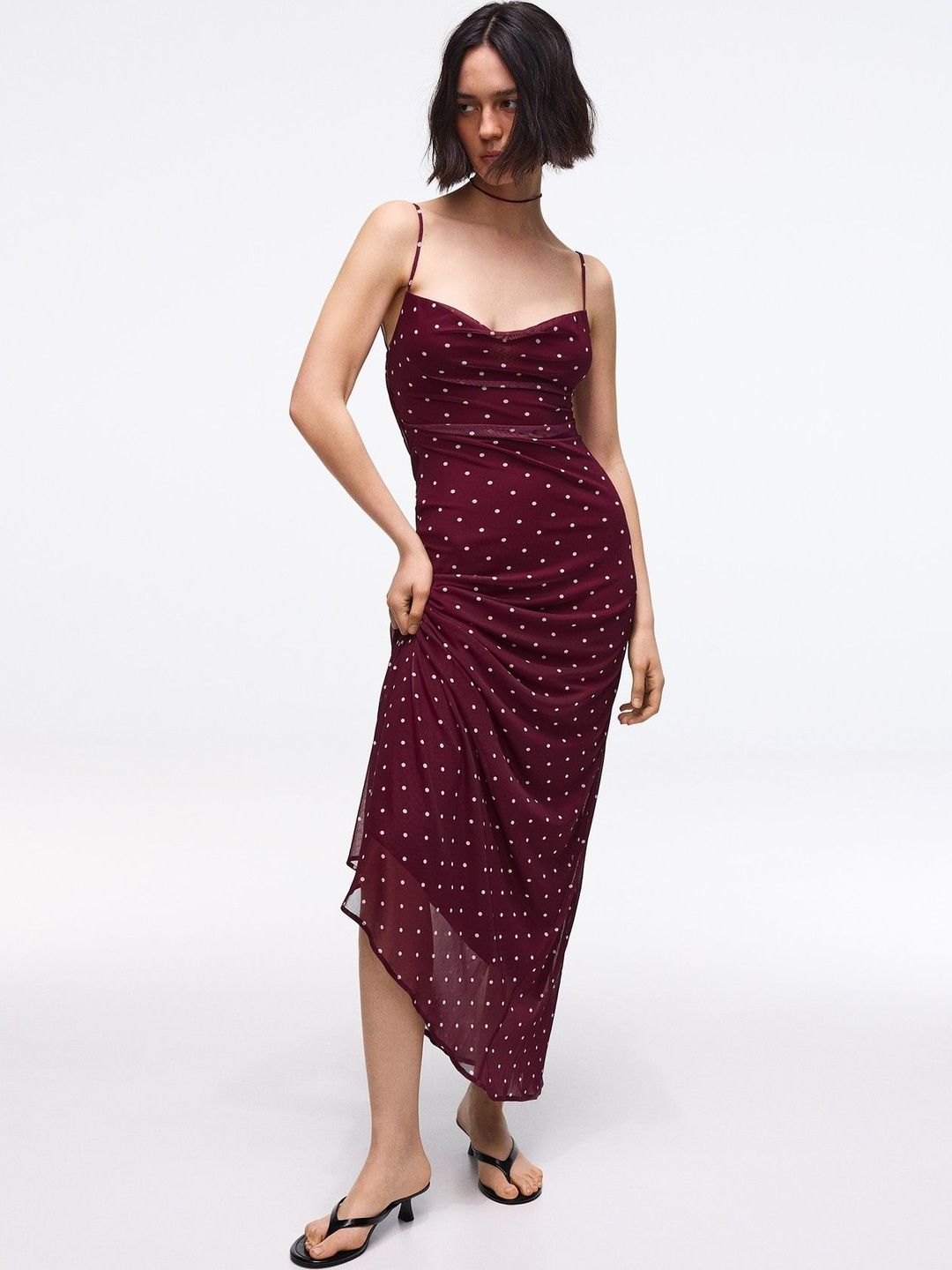 Polka Dot Printed Cowl Neck Maxi Dress