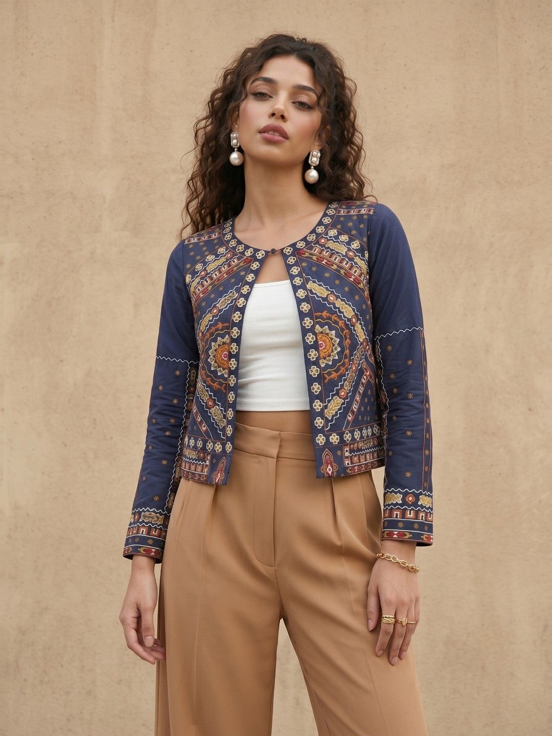 fusion by glitchez Blue & White Geometric Crop Jacket