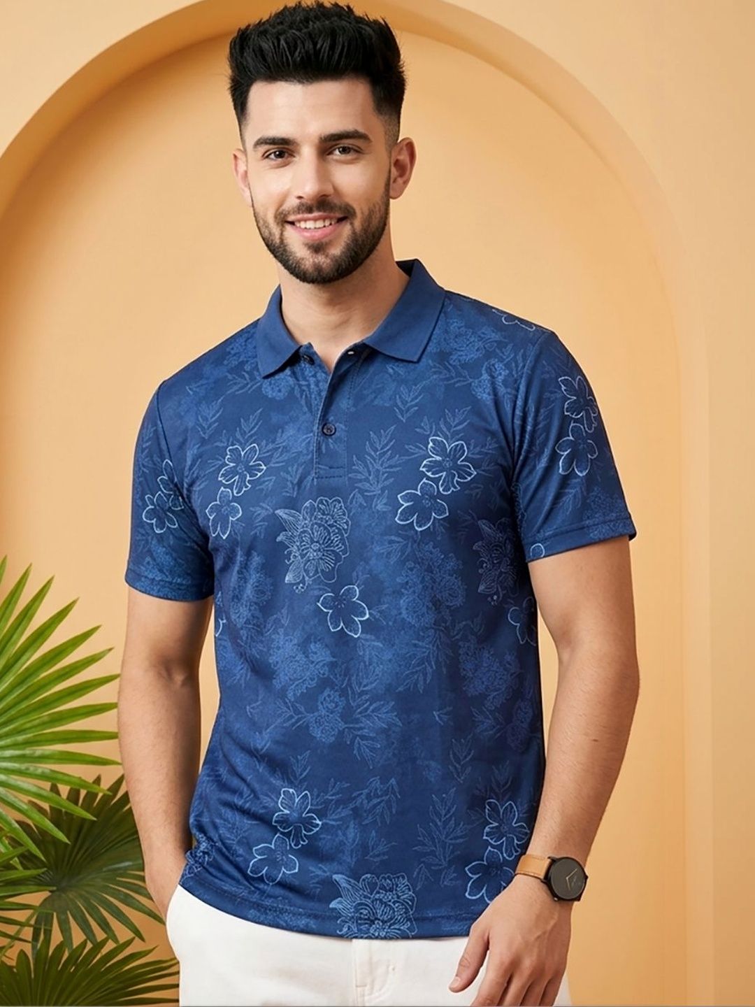 Kook N Keech Men Floral Printed Polo Collar Tropical T-shirt