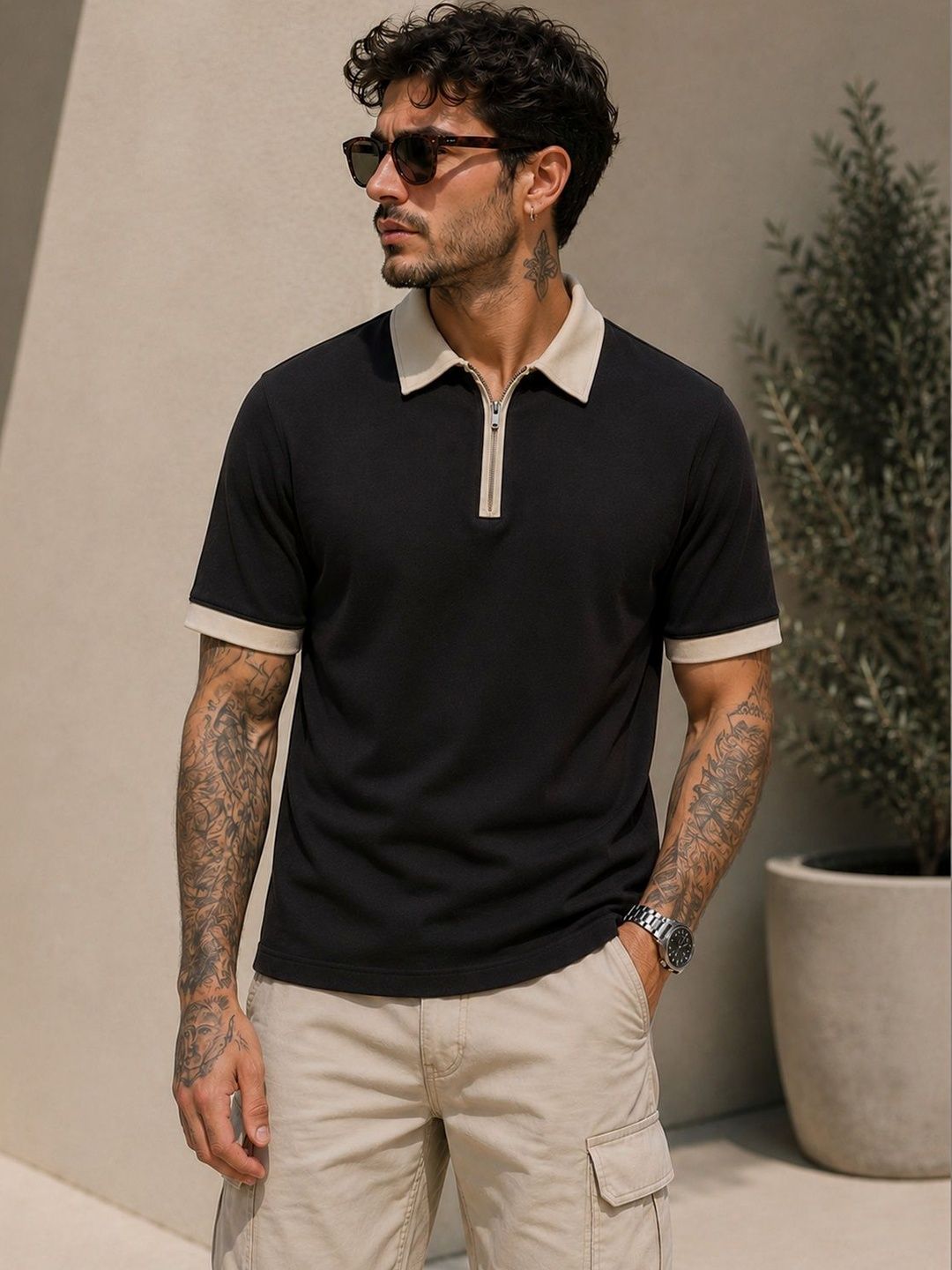 SZN Men Colourblocked Polo Collar Slim Fit T-shirt