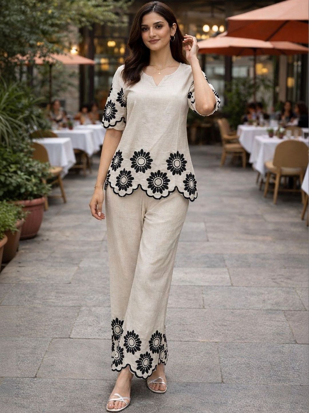 Warthy Ent Pure Cotton Embroidered V-Neck Top & Trousers Co-Ords
