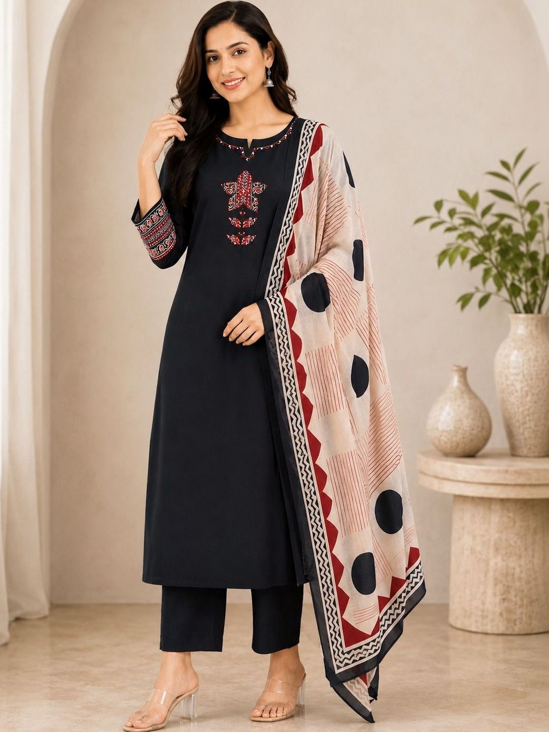 Sangria Women Ethnic Motifs Embroidered Regular Thread Work Pure Cotton Kurta with Trousers & With Dupatta