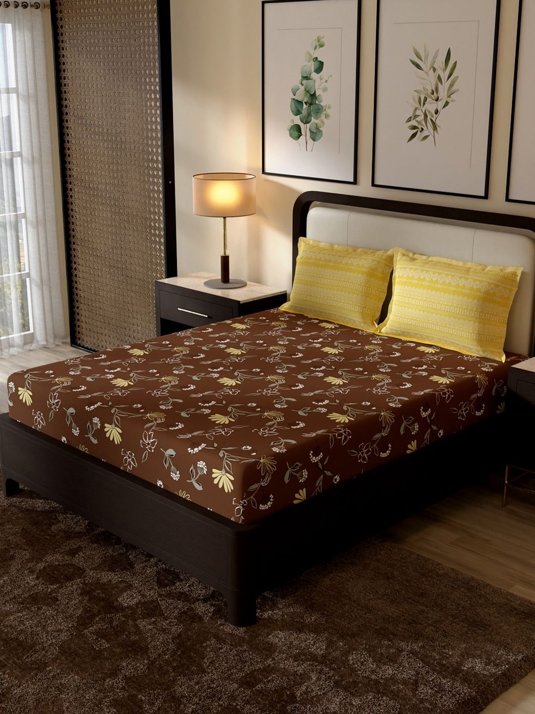 Portico New York Signature Portico New York Signature Brown Floral 144 TC King Bedsheet with 2 Pillow Covers