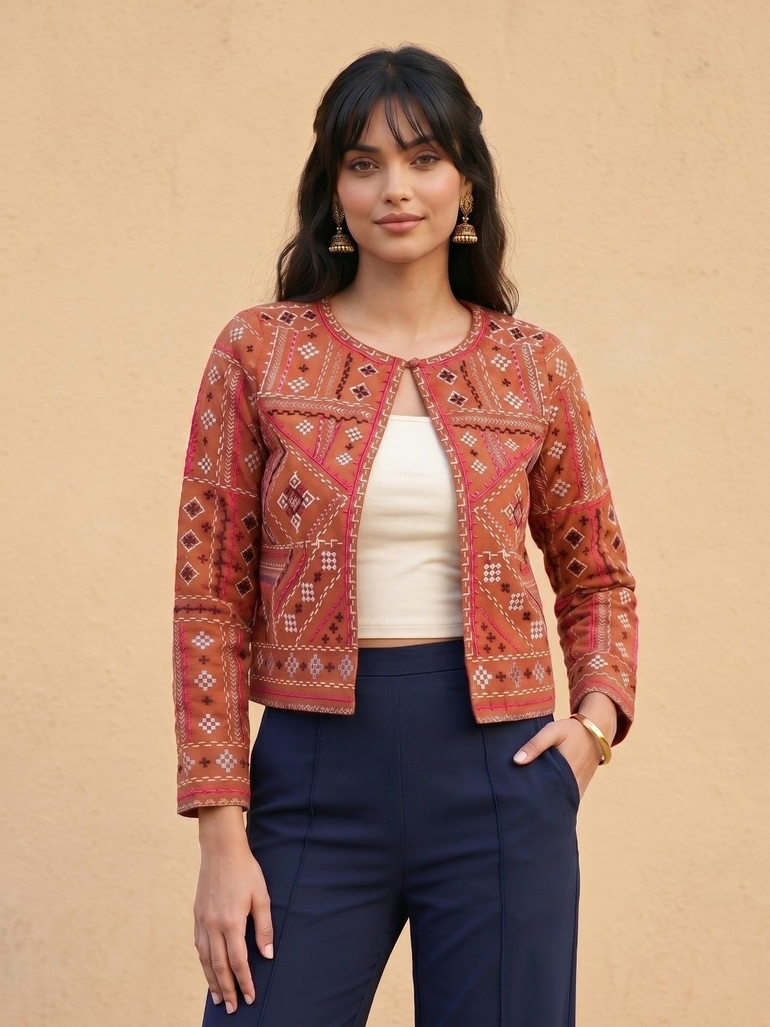 fusion by glitchez Geometric Embroidered Collarless Tailored Jacket