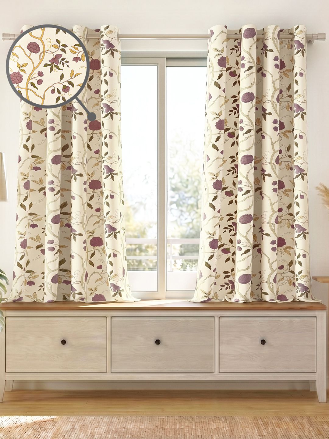 Story@home Story@home Beige & Purple Set of 2 Floral Room Darkening Window Curtain