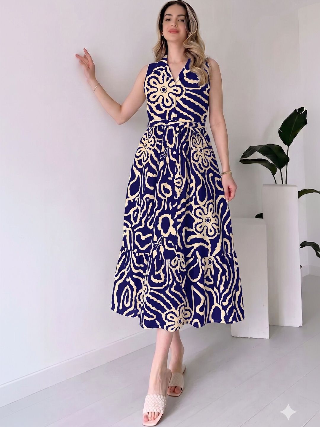MANOJAVA Print Liva A-Line Midi Dress