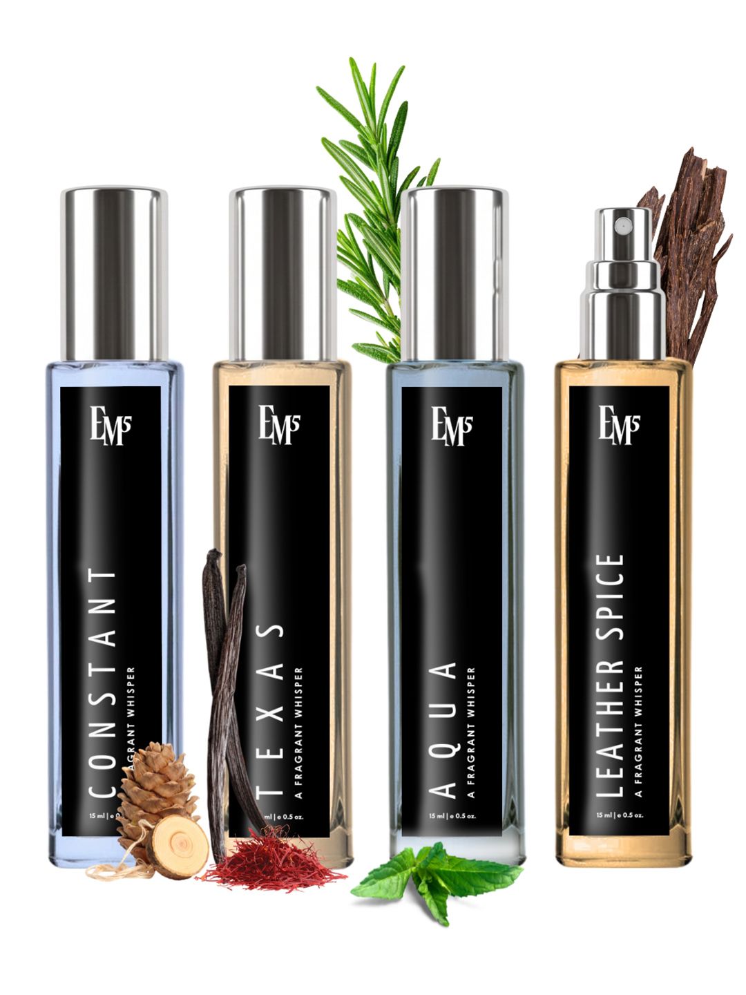 EM5 Set of 4 EDP Perfumes Constant Aqua Texas & Leather Spice 15ml Each