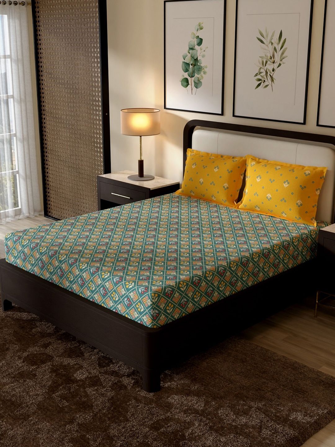 Portico New York Signature Portico New York Signature Teal Geometric 144 TC Bedsheet with 2 Pillow Covers