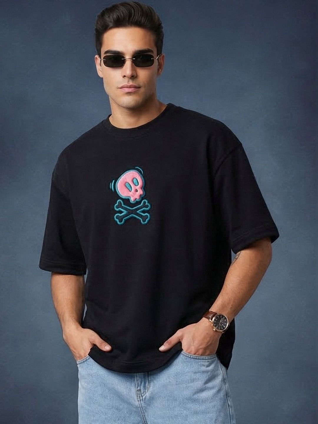 VEIRDO Men Puff Printed Drop-Shoulder Sleeves Pure Cotton Applique Oversize T-shirt