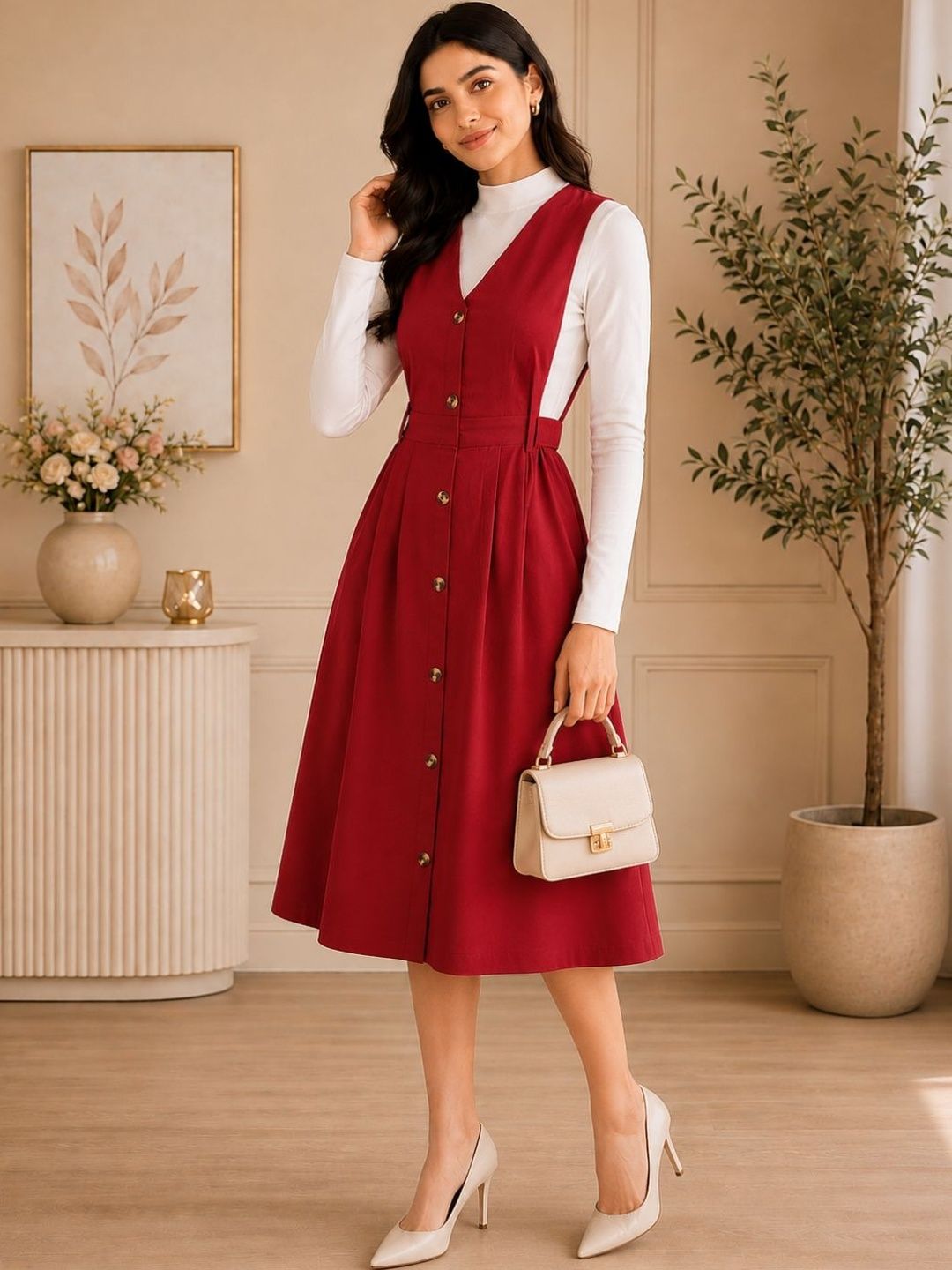 Buy WineRed Olive Green Solid Pinafore Dress - Dresses for Women