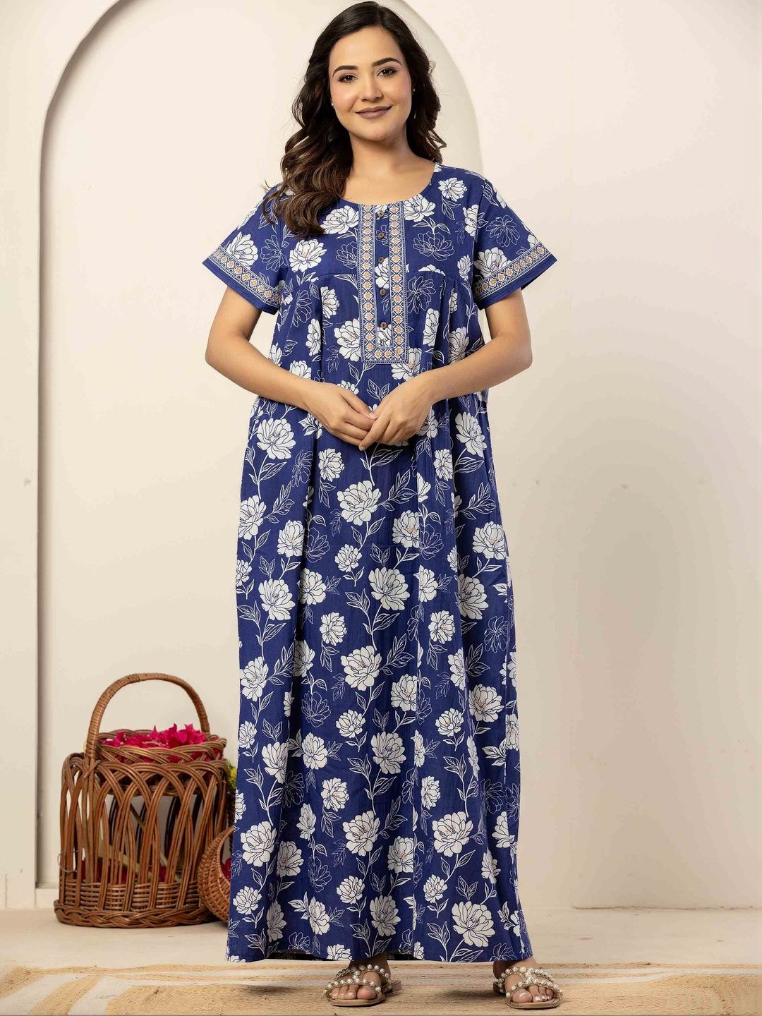 kaftan night dress cotton Indian Sky Blue Floral Cotton Kaftan Night Maxi Gown Women's Clothing Kaftan  US