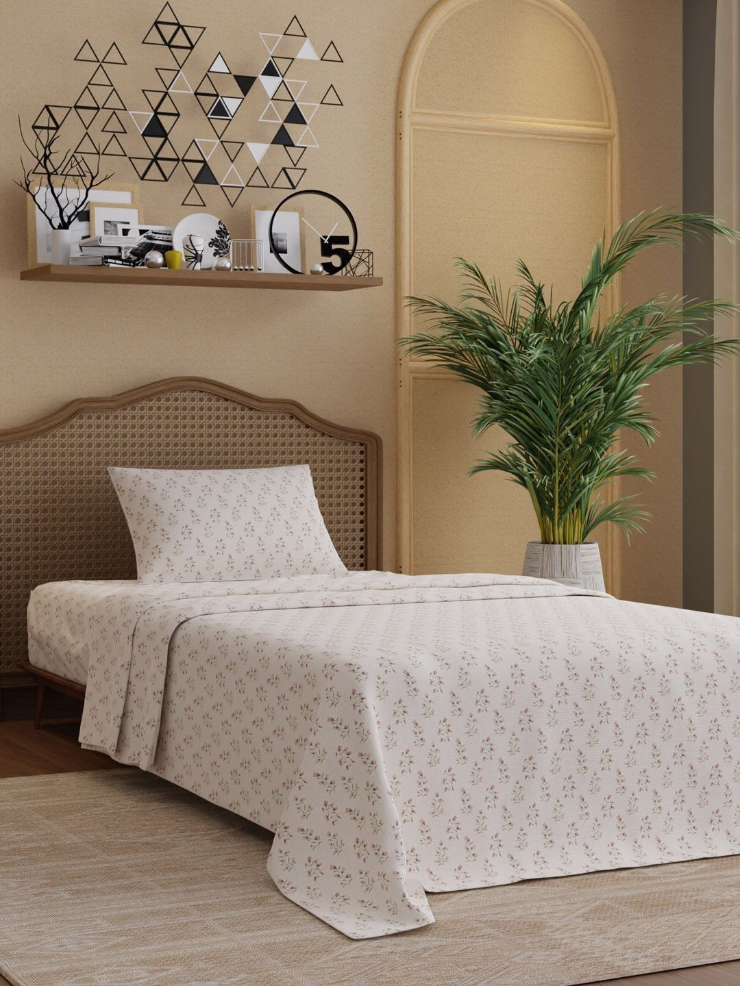 Boutique Living India Boutique Living India Off White Floral 300 TC Single Bedsheet with 1 Pillow Covers