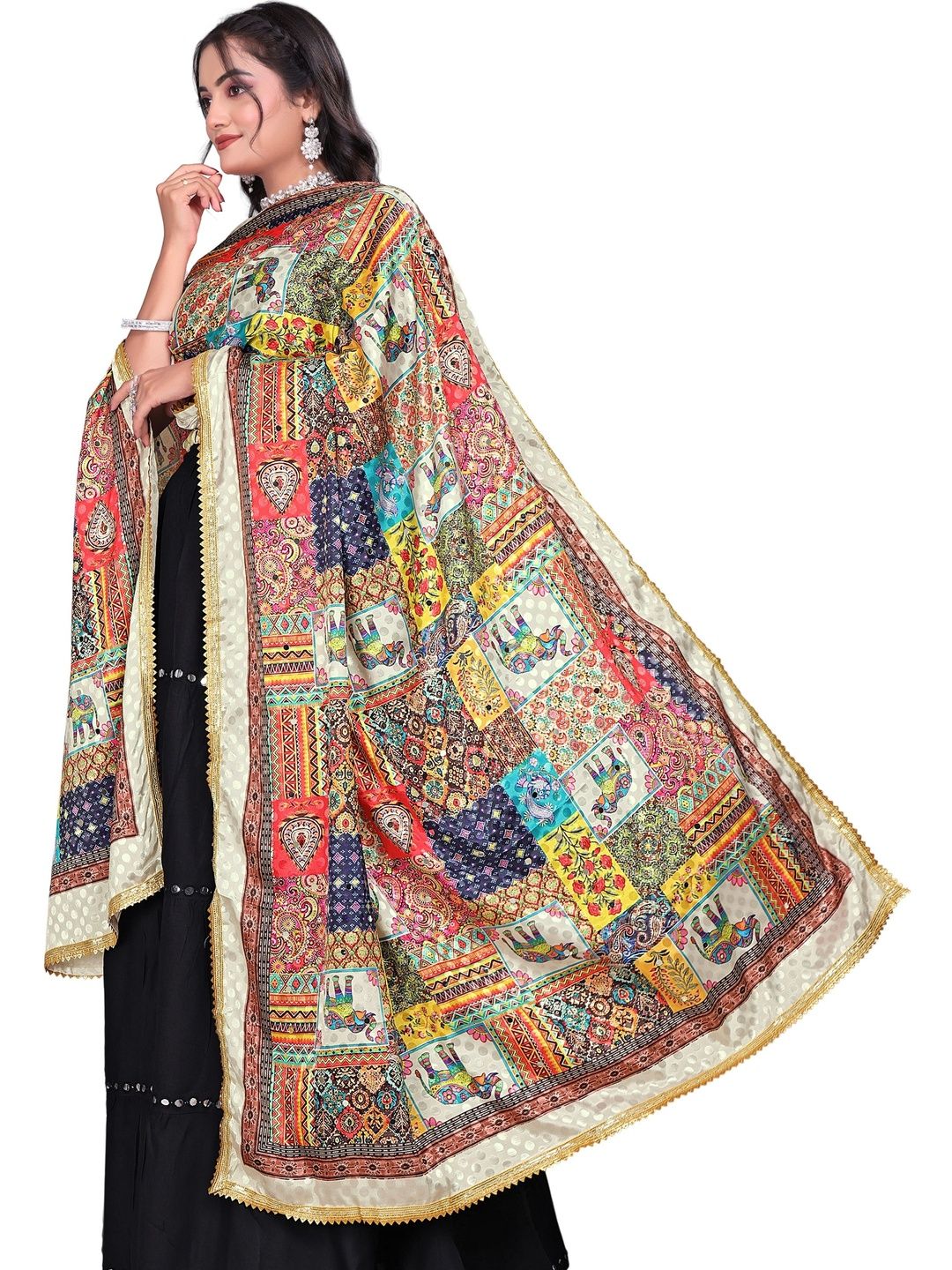 KALINI KALINI Ethnic Motifs Printed Art Silk Block Print Dupatta with Sequinned