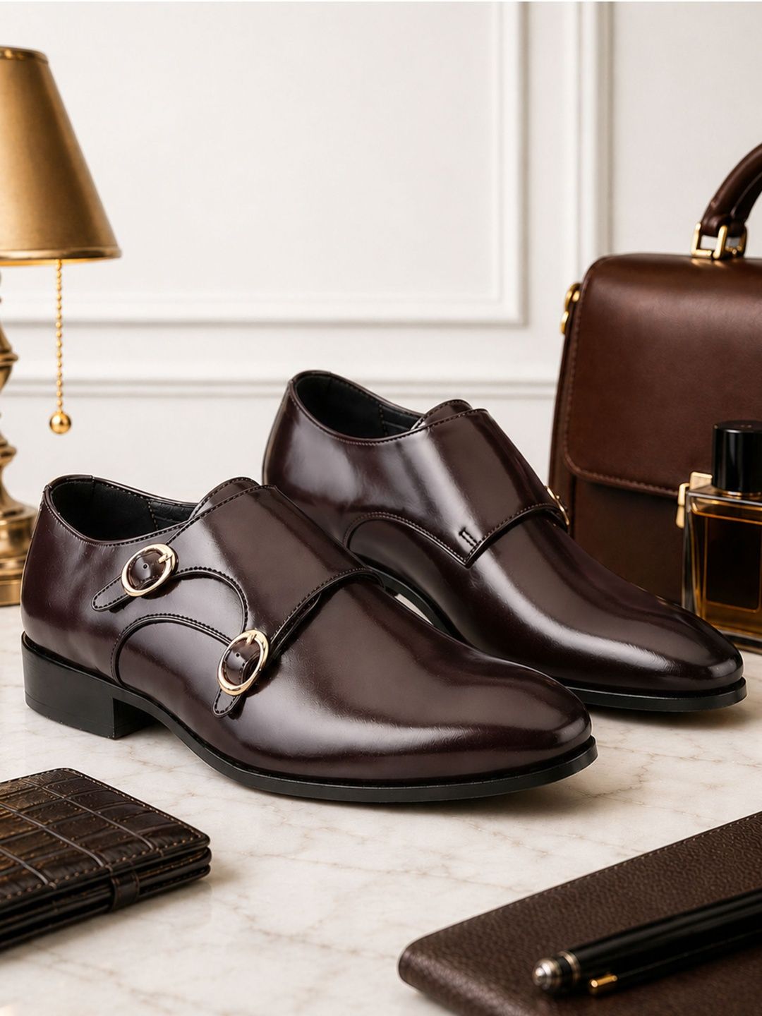 House of Pataudi Men Pointed Toe Buckle Monk Shoes Formal Shoes