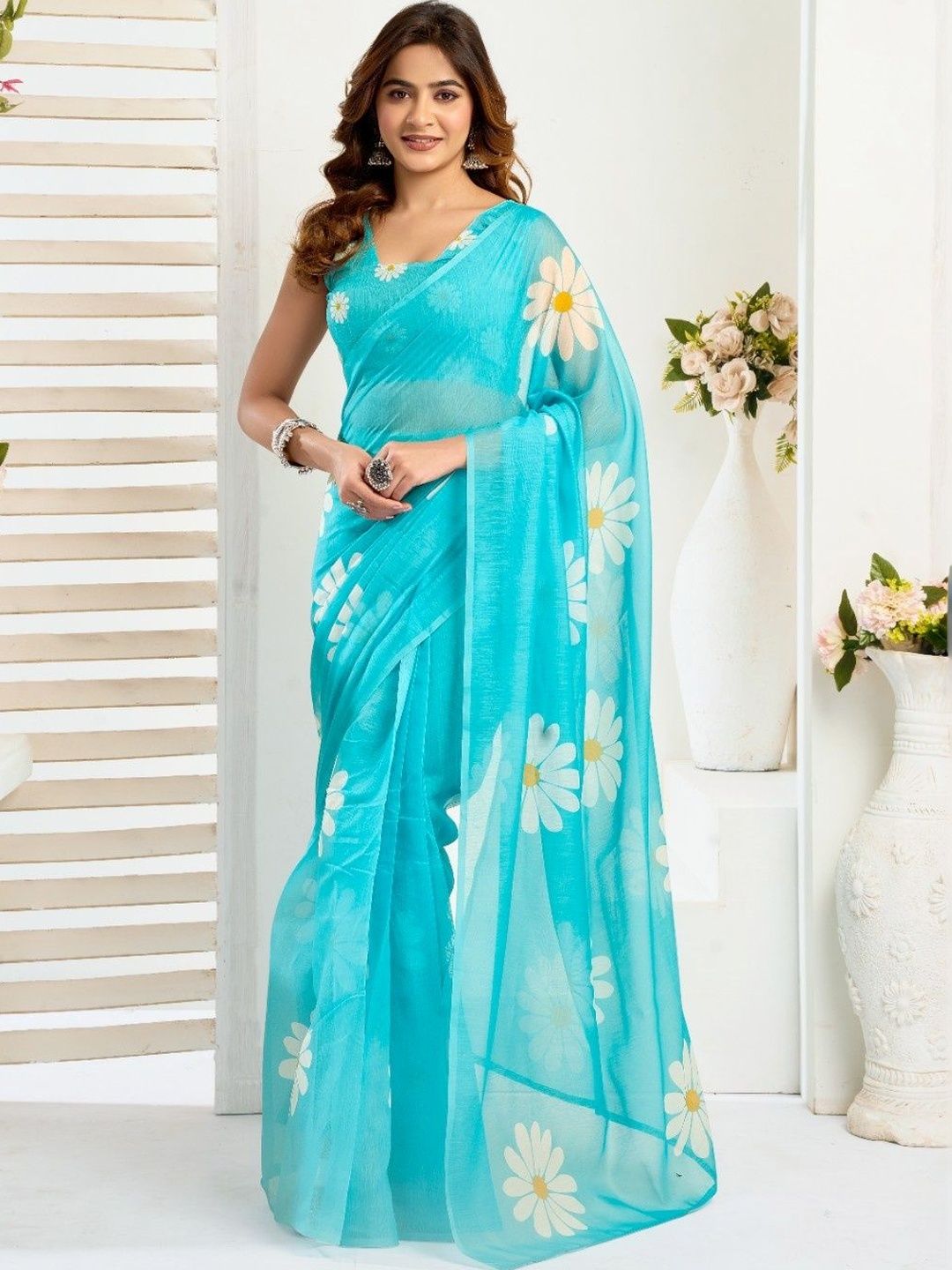 Saree Dhaaga Ghar Sky Blue Linen Printed Ready to Wear Saree