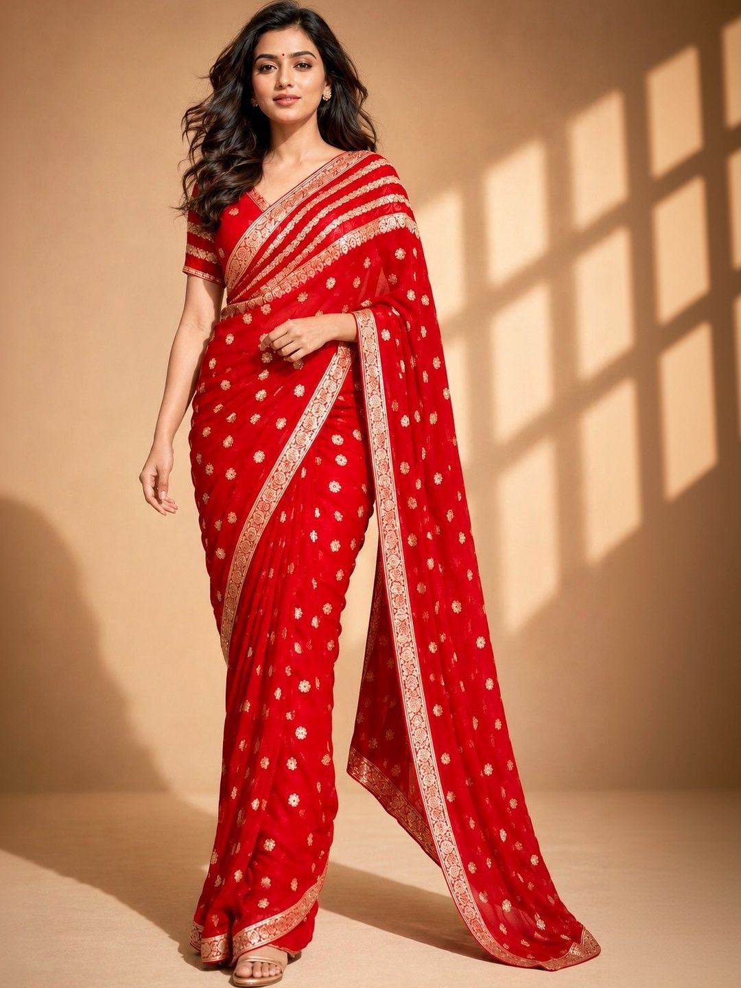 HERE&NOW Ethnic Motifs Zari Poly Georgette Heavy Work Saree