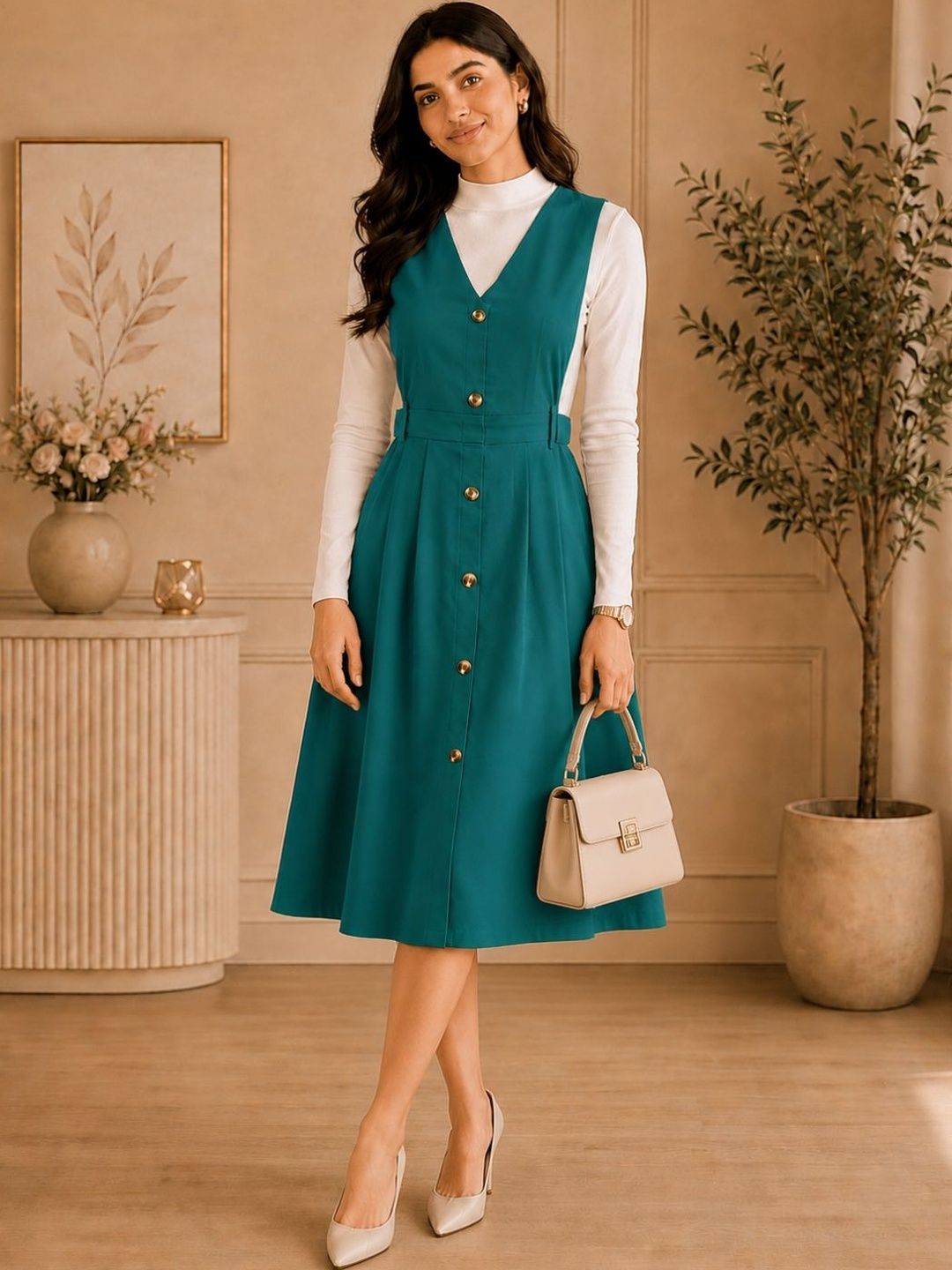 Buy WineRed Olive Green Solid Pinafore Dress - Dresses for Women