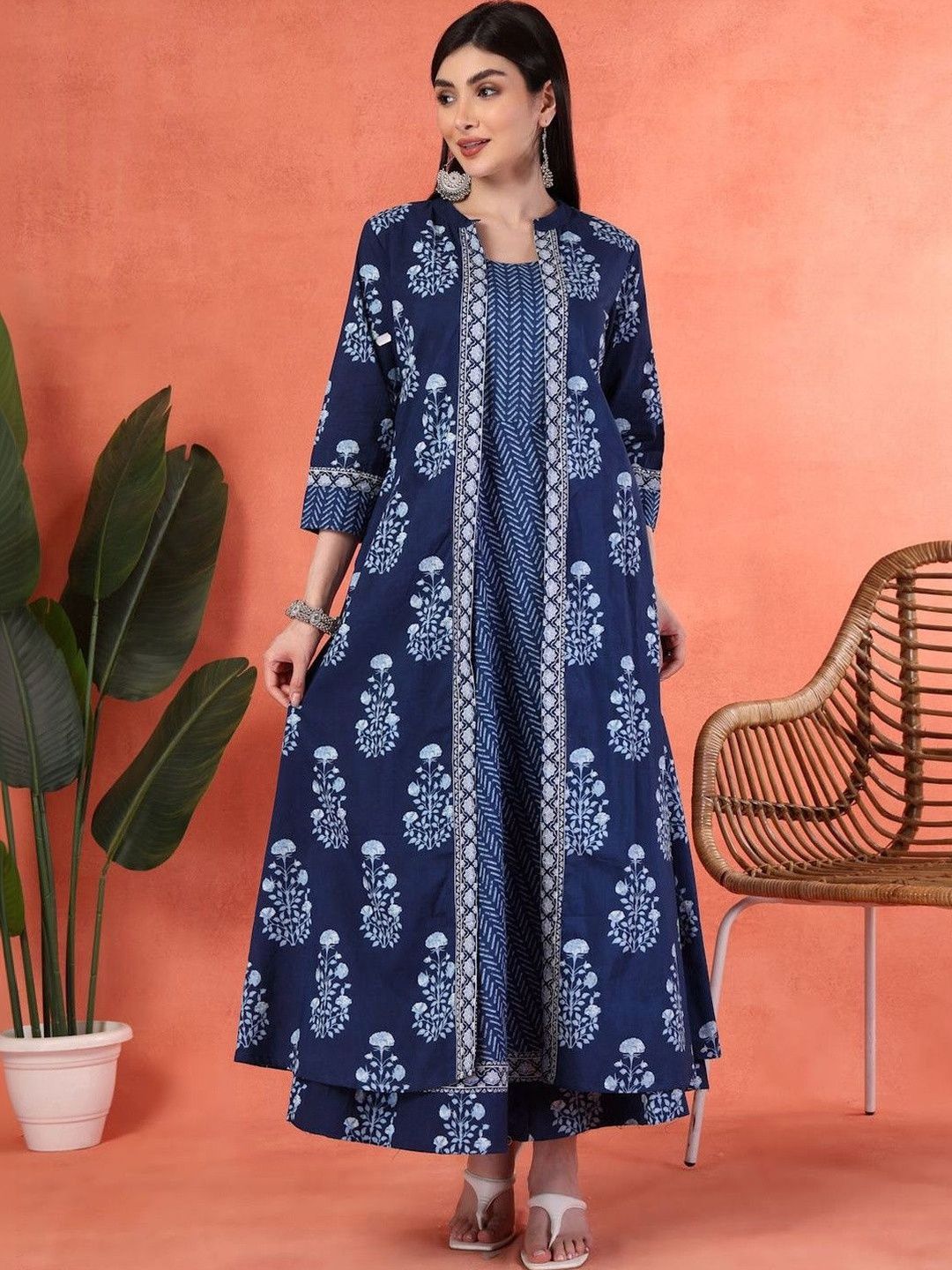 Shangri LA MS Designs Printed Indigo Cotton Fit & Flare Maxi Dress With Jacket