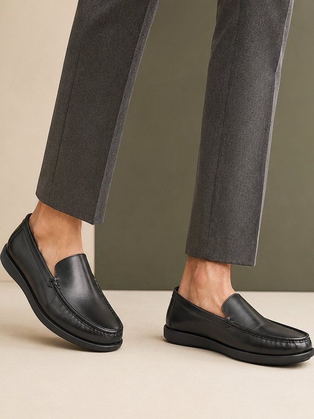 San Frissco Men Black Solid Leather Slip-On Loafers comfort Anti-Slip Office Wear Shoes