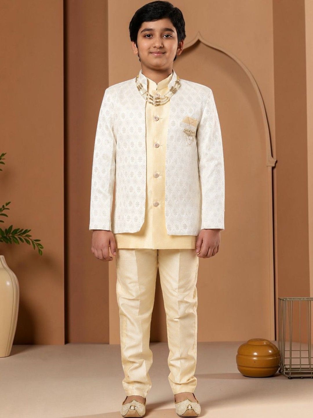 KALINI Boys Self Design Mandarin Collar Sherwani