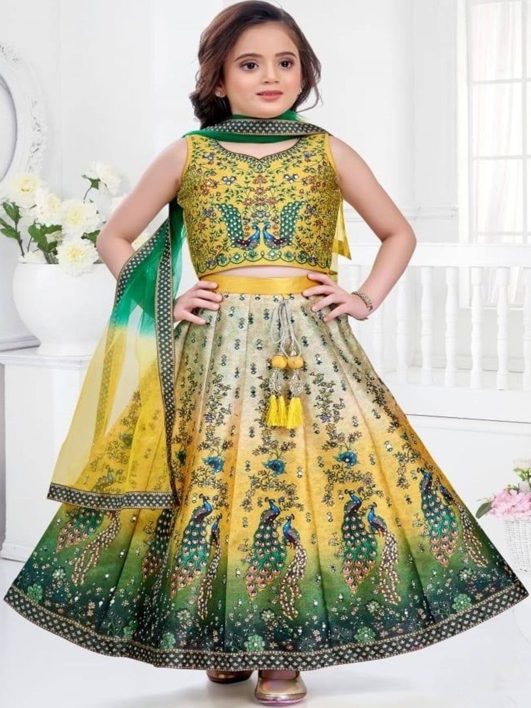 Sangria Girls Embellished Sequinned Tie and Dye Semi-Stitched Lehenga & Blouse With Dupatta