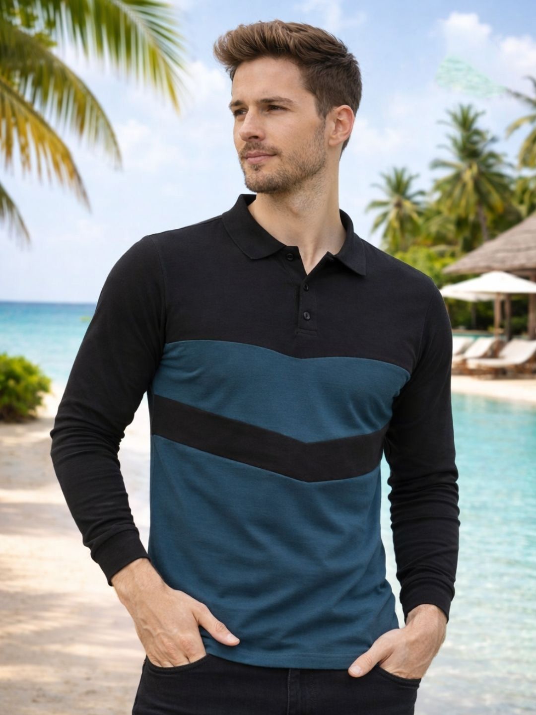 HERE&NOW Men Colourblocked Polo Collar T-shirt