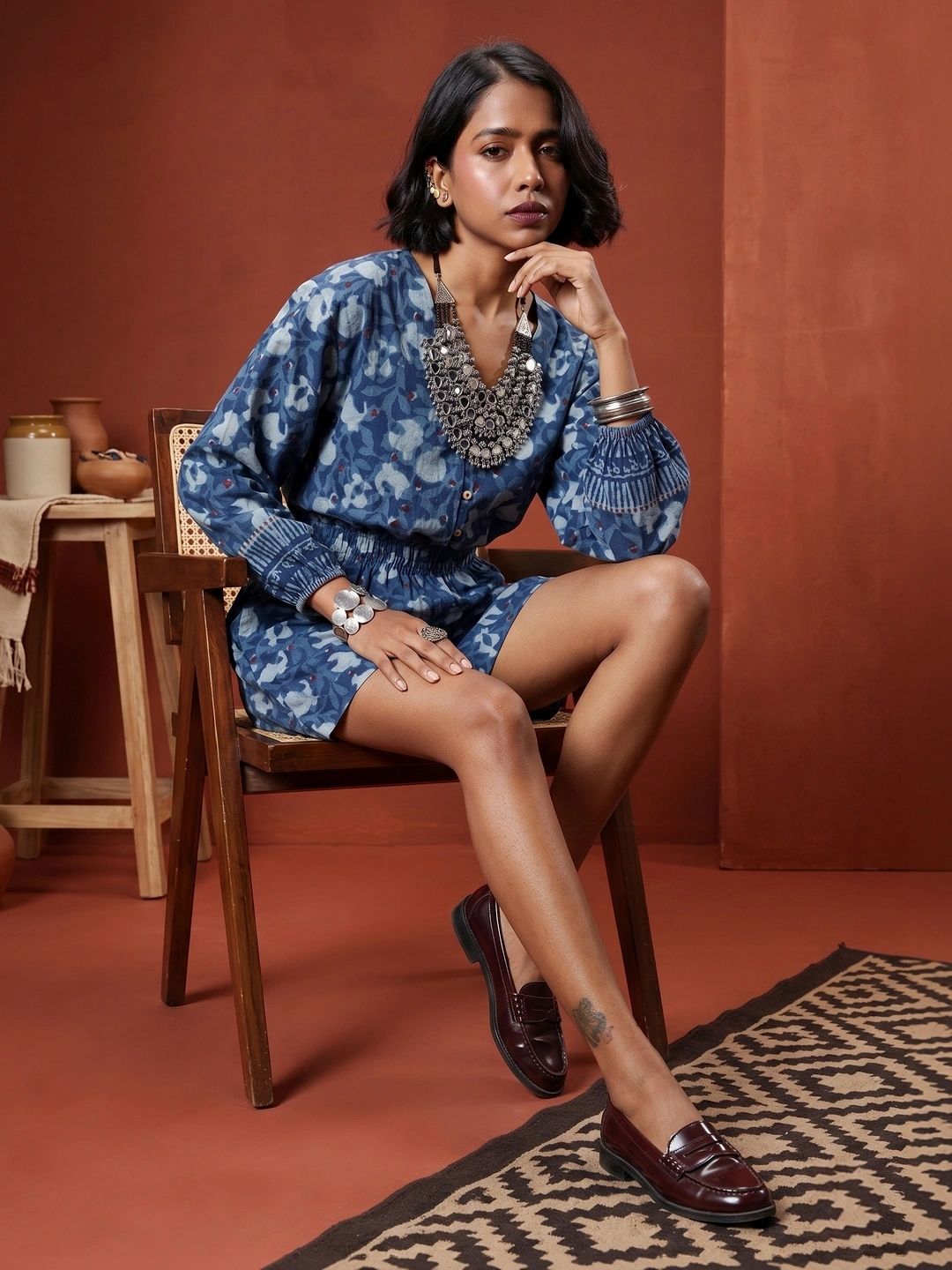 Taavi Cotton-Linen Floral Printed Puff Sleeves Dabu Crafted Jumpsuit