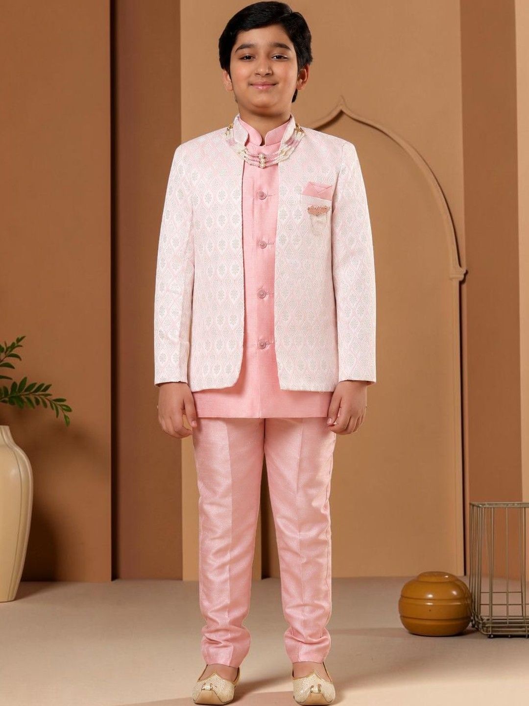 KALINI Boys Self Design Mandarin Collar Sherwani