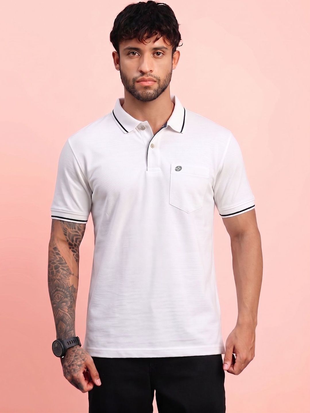 LUX NITRO Solid Pocket Cotton Blend Ribbed Sleeve Side Slit Polo T Shirt