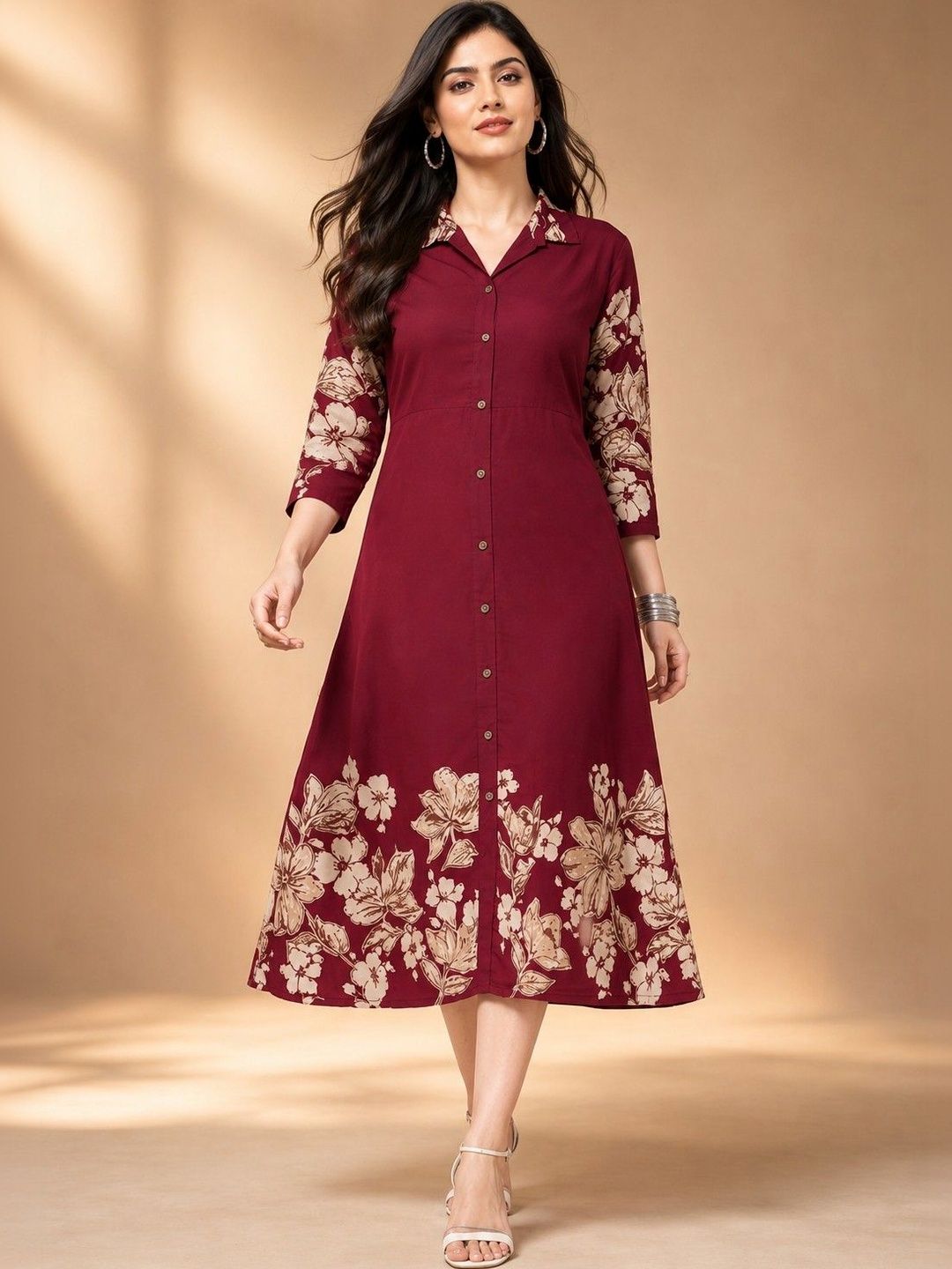 Moda Rapido Floral Printed Shirt Collar Panelled Kurti