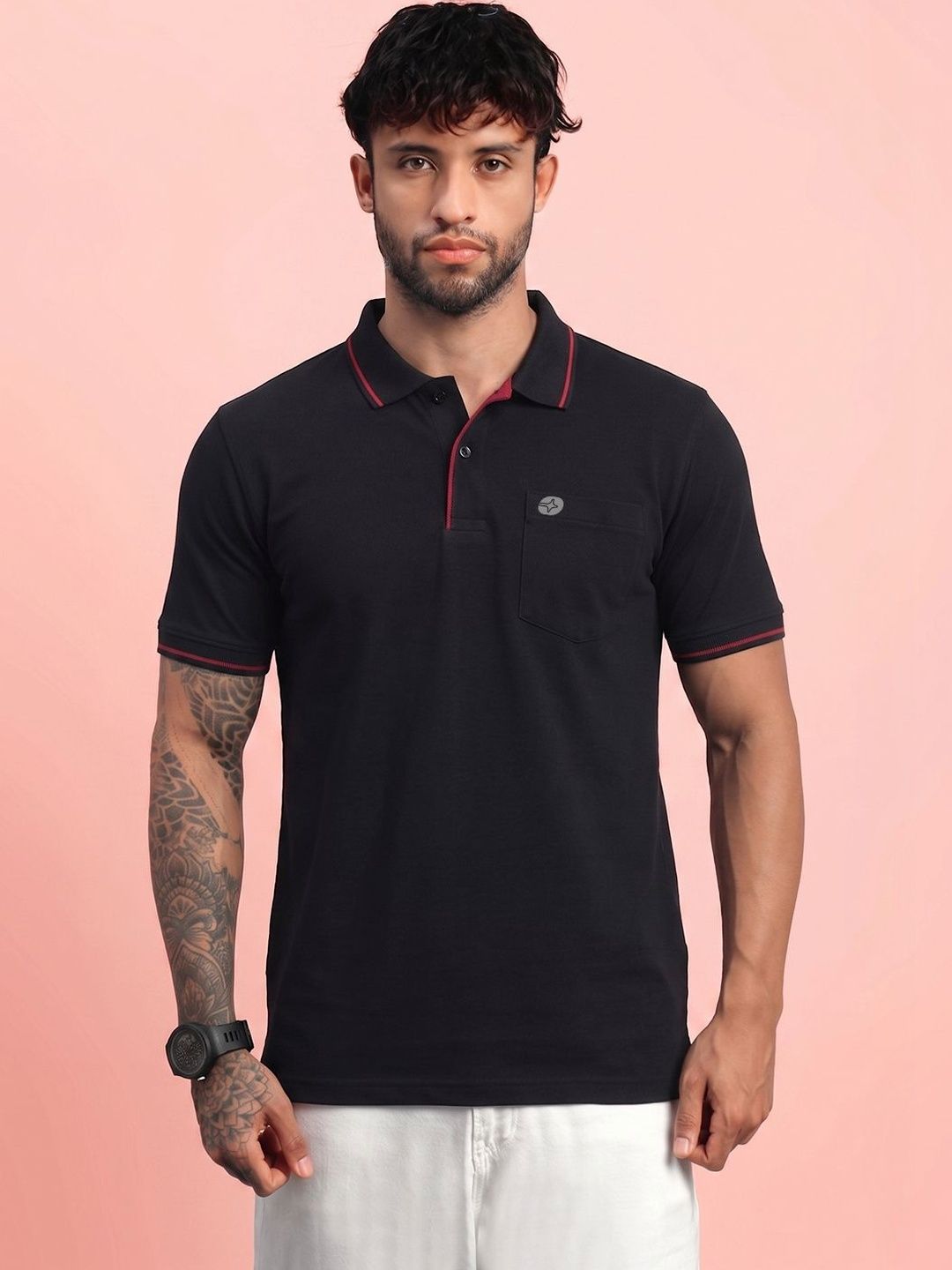 LUX NITRO Solid Pocket Cotton Blend Ribbed Sleeve Side Slit Polo T Shirt