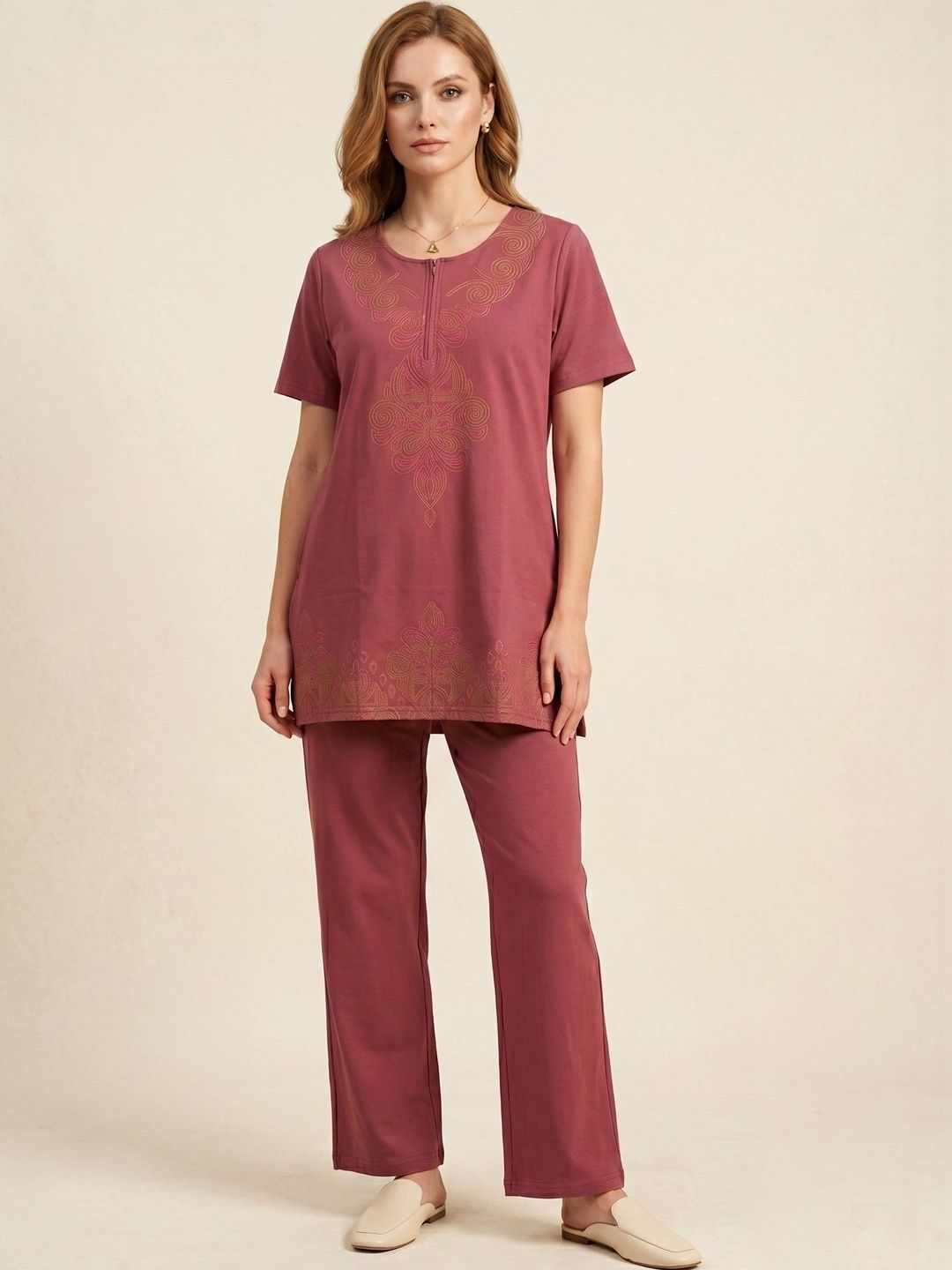 Wineberry Embroidered Tunic with Trousers