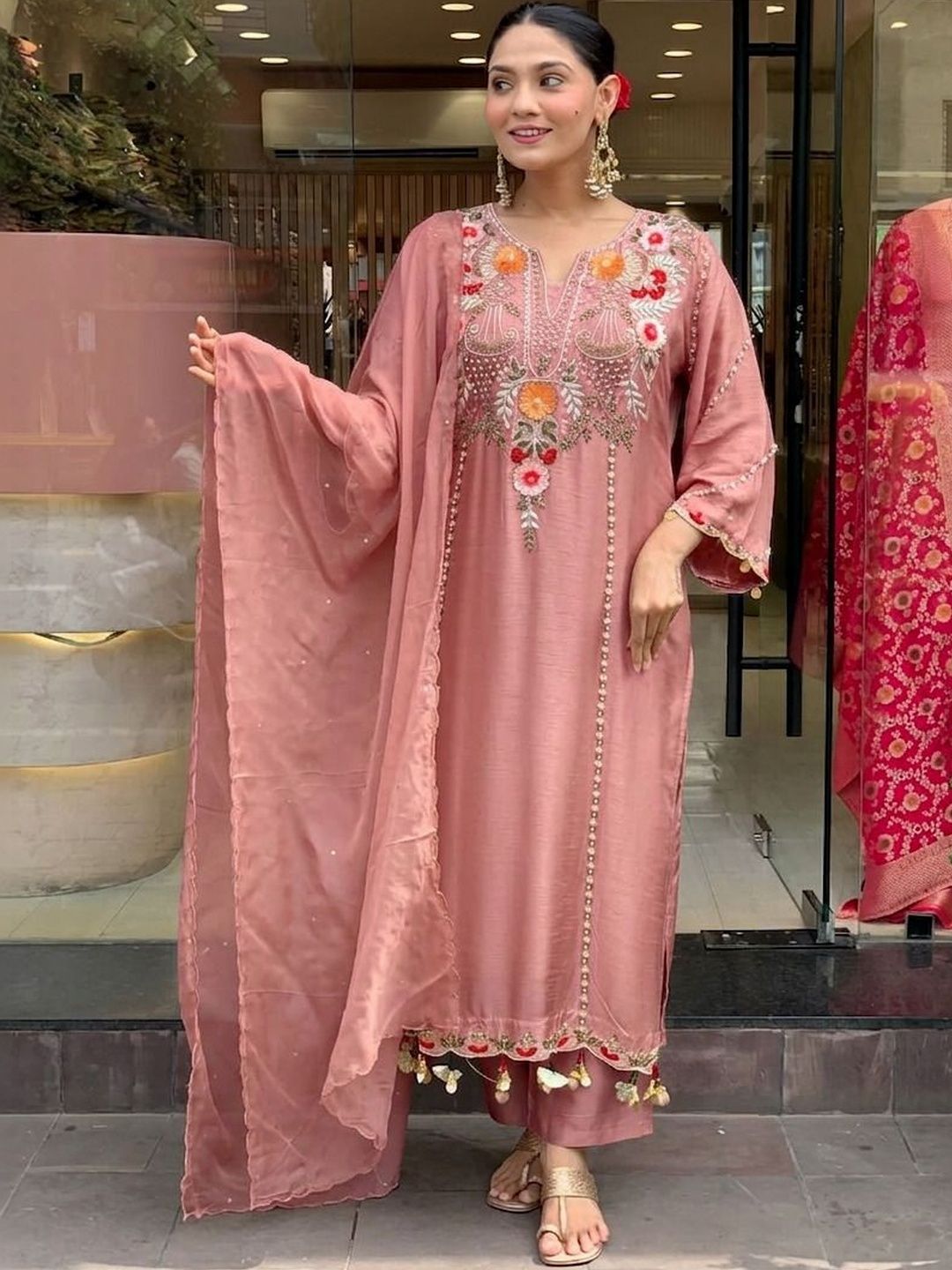 Moda Rapido Women Ethnic Motifs Embroidered Regular Thread Work Kurta with Palazzos & With Dupatta