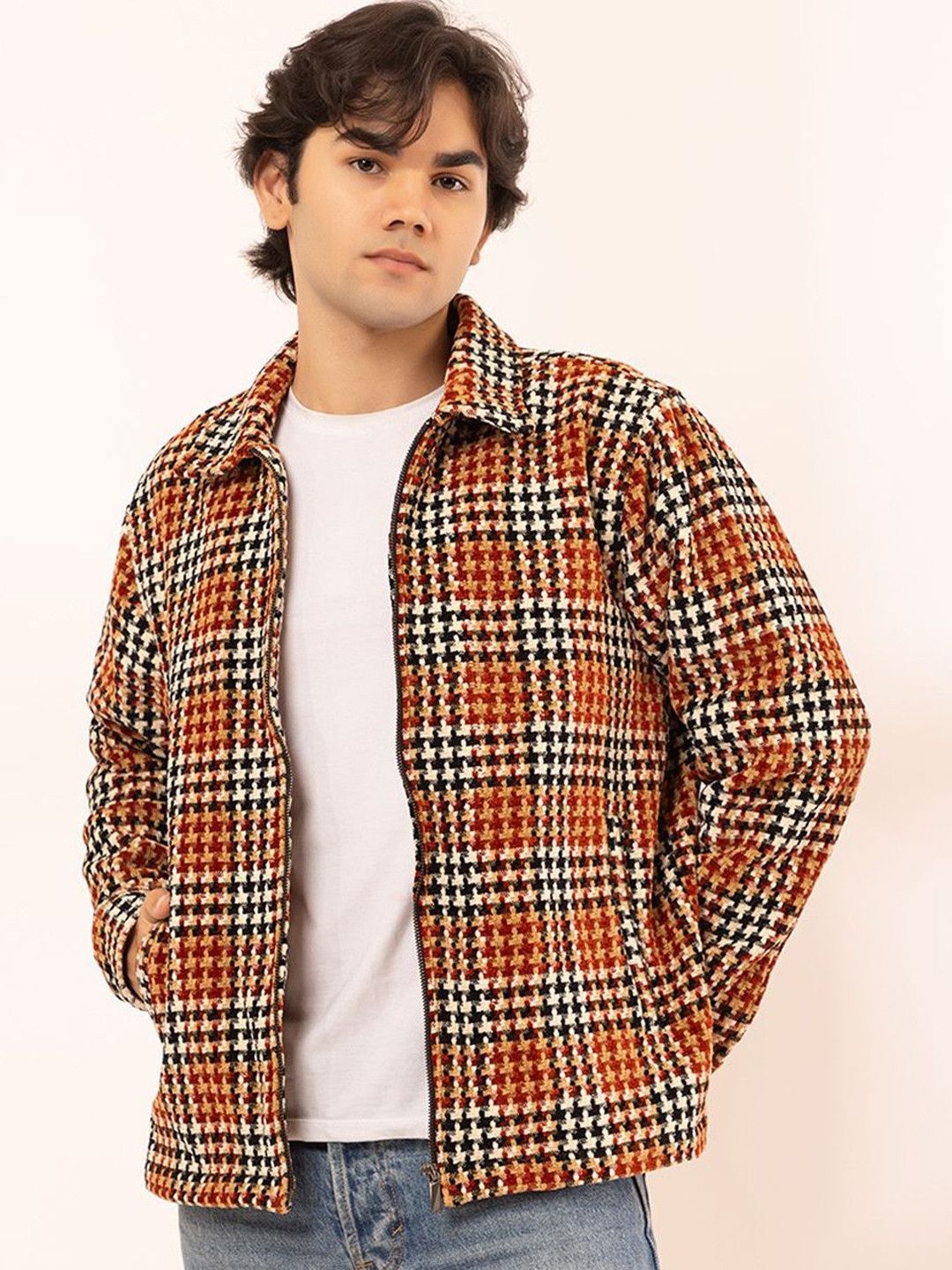 ARMISTO Men Spread Collar Checked Windcheater Open Front Jacket