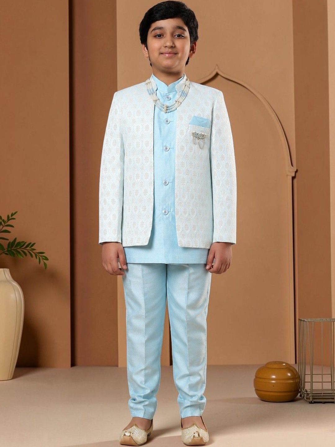 KALINI Boys Self Design Mandarin Collar Sherwani
