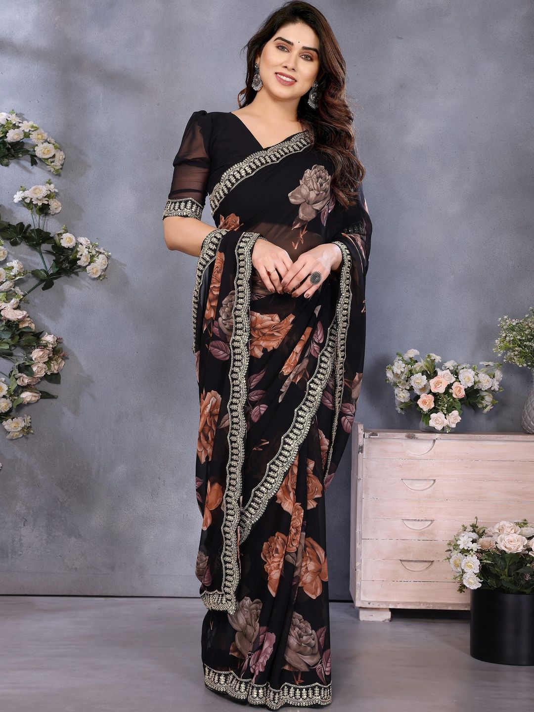 AAI LAXMI CREATION AAI LAXMI CREATION Floral Poly Georgette Designer Bandhani Saree