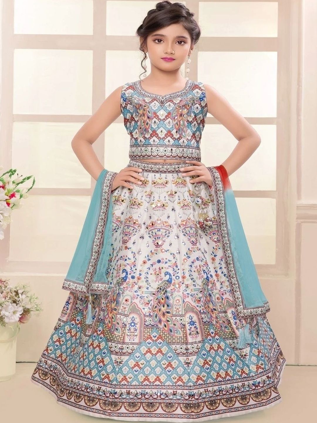 KL9KIDS Girls Printed Mirror Work Tie and Dye Ready to Wear Lehenga & Blouse With Dupatta