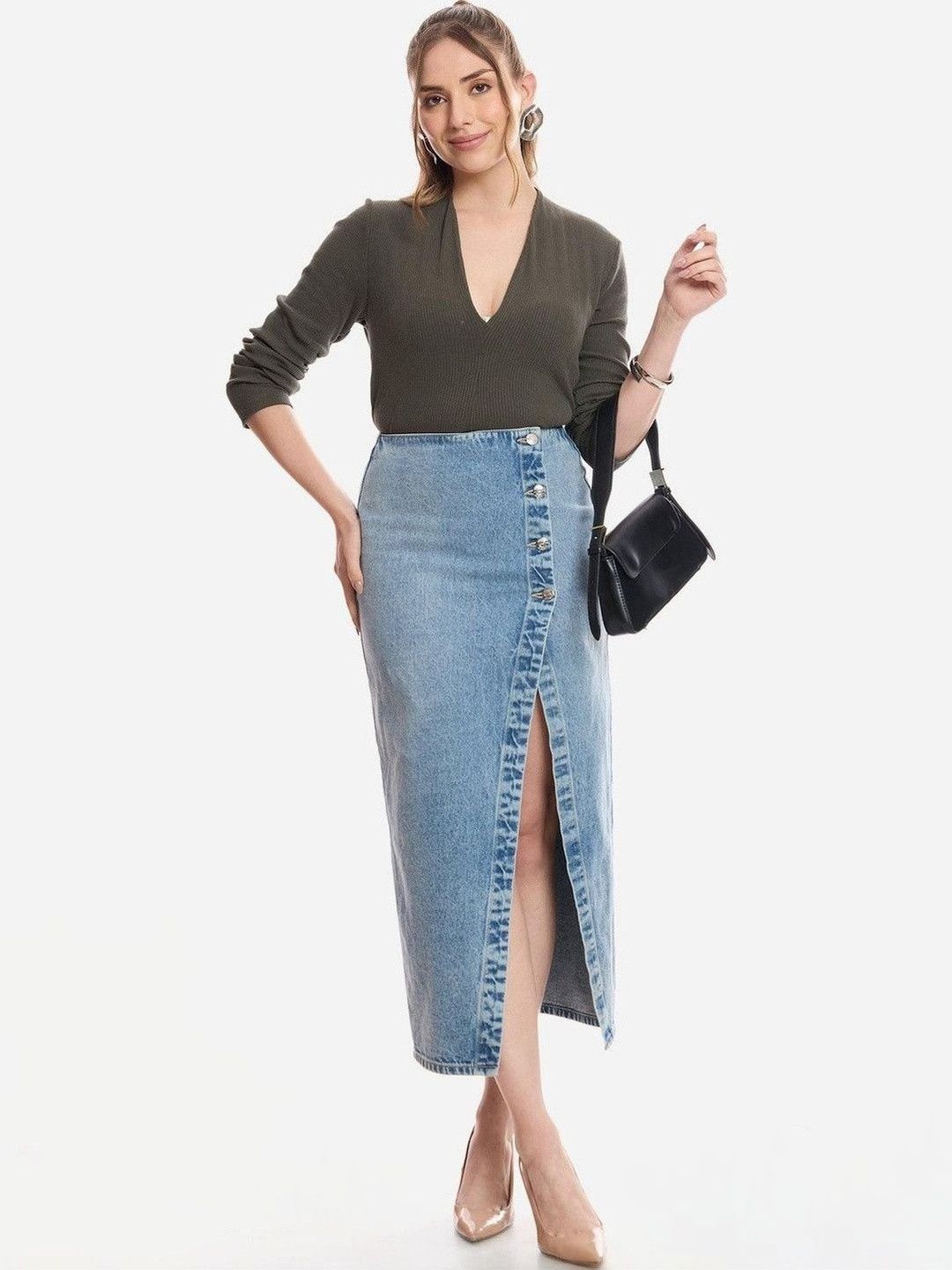 Midi Skirts For Women Virgio Solid Pure Cotton Denim Wrap Midi Skirts For Women