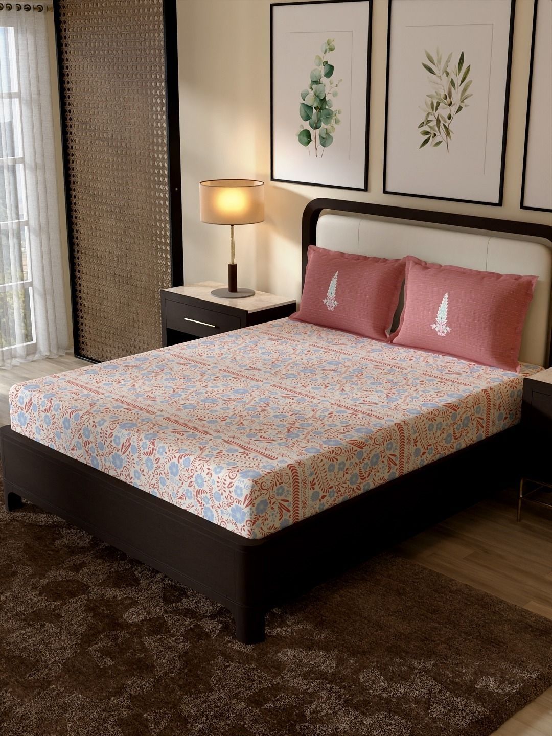 Portico New York Signature Portico New York Signature Pink & Blue Ethnic Motifs 180 TC King Bedsheet with 2 Pillow Covers