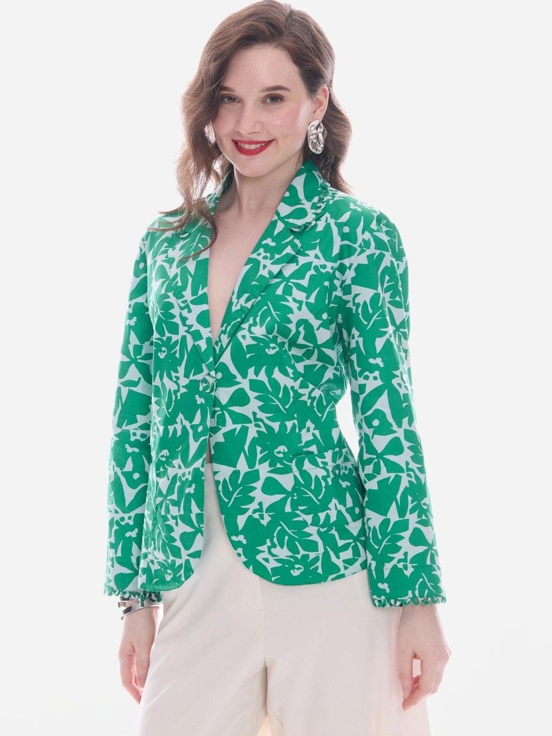 Virgio Printed Pure Cotton Notched Lapel Long Sleeves Blazers For Women deal from myntra