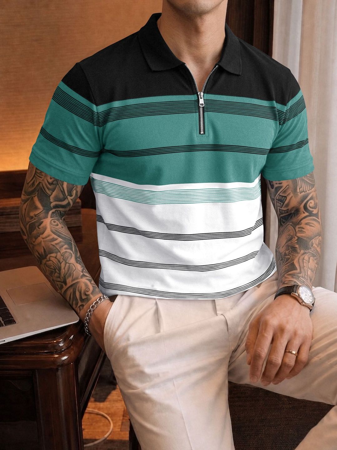 Eyebogler Men Striped Polo Collar T-shirt