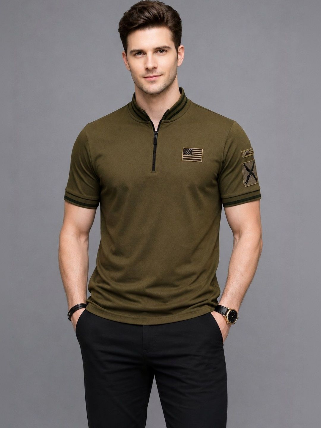 NAUGHTYMEN Men Brand Logo Henley Neck Applique Slim Fit T-shirt